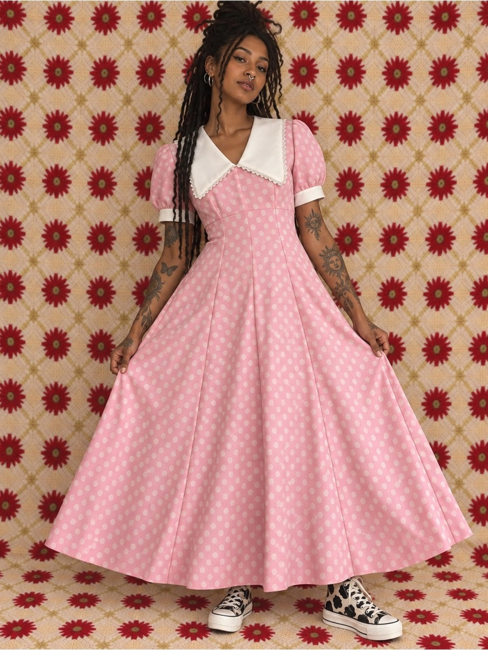 Vintage Pink Polka Dot Maxi Dress Oversized Lace Collar Puff Sleeve